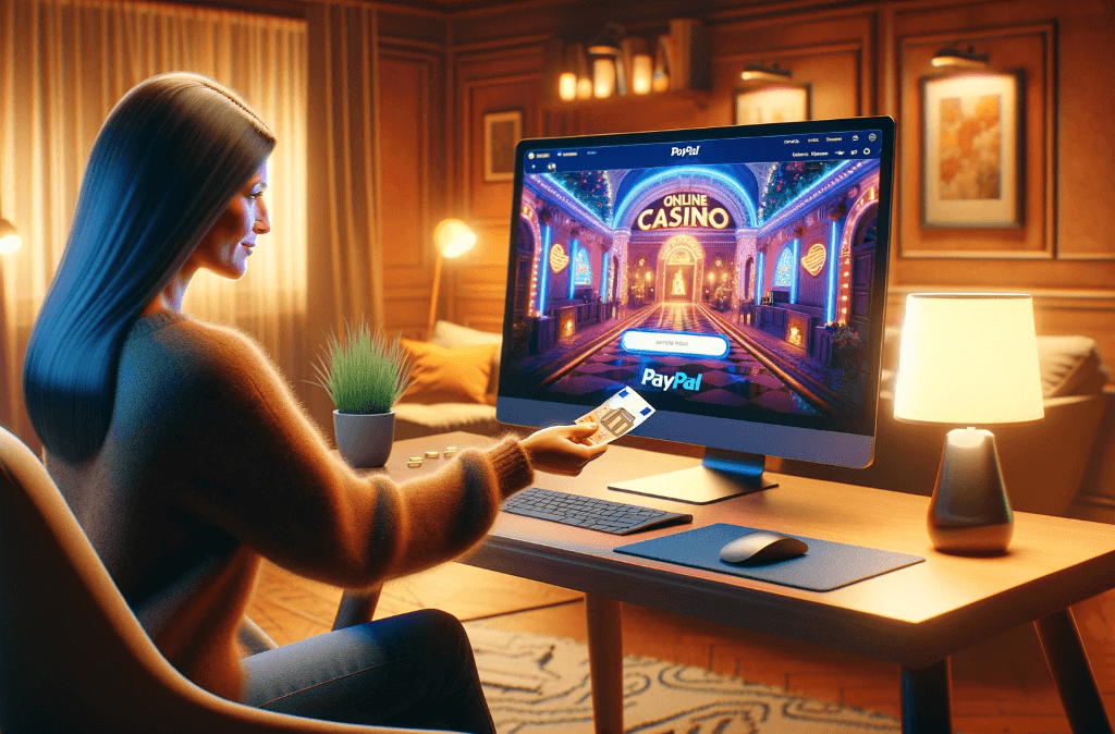 Frau vor dem Computerbildschirm, die im Online Casino mit 5 Euro PayPal Einzahlung spielt.