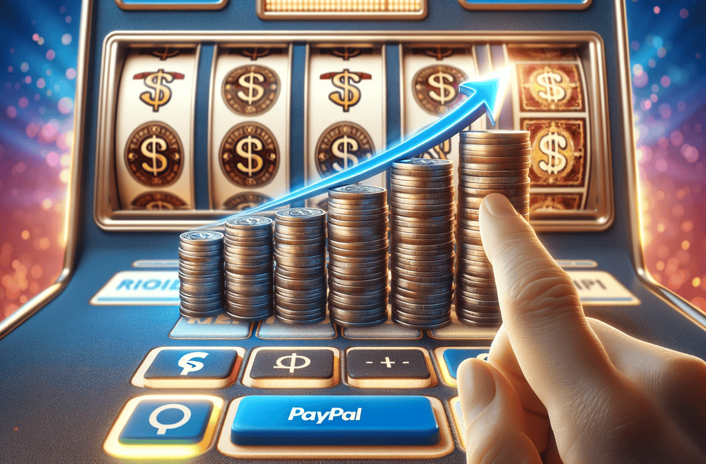 Münzstapel vor einem Slot Hintergrund im Online Casino mit PayPal Ratenzahlung.