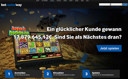 Die Anmeldeseite für den Betway Casino Bonus